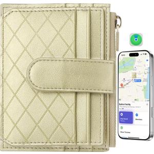 Women's Wallet Built-in Anti-Loss Tracker, RFID Blocking Small Compact Card Holder Wallet for Women Soft PU Leather Bifold Pocket Wallet Ladies Mini Purse with Zipper Pocket, ID Window (Gold)