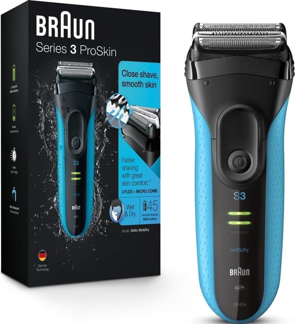 Braun Electric Series 3 Razor with Precision Trimmer, Rechargeable, Wet & Dry Foil Shaver for Men, Blue/Black, 4 Piece