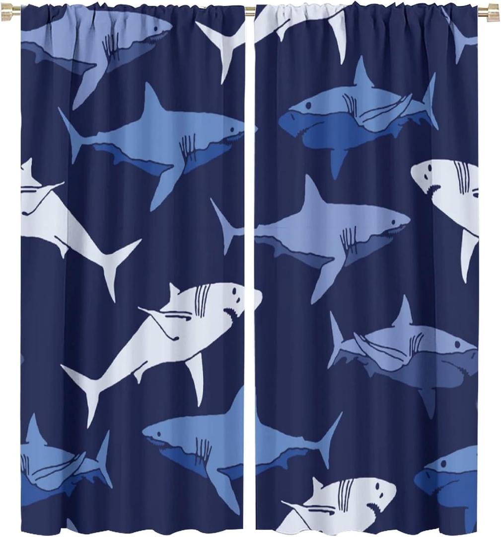 Shark Fish Window Curtains, Ocean Animal Navy Blue Room Darkening Rod Pocket Windows Treatments for Boys Girls Toddler Bedroom Living Room 42x45in