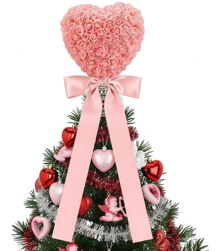 Soulchen Valentine Day Tree Topper 11.8 Inch Heart Tree Topper with Bow Rose Valentines Trees Ornaments Decorations for Valentine's Day Wedding Holiday Party Supplies (Pink)