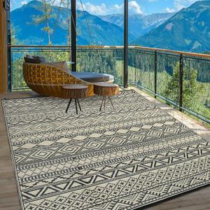 Outdoor Rugs 8x10 Reversible Mats Outdoor Plastic Straw Rug Waterproof Patio Rug Vintage Reversible Mats for Rv Deck Balcony Picnic, Beach, Trailer, Camping, Boho|Black&Brown