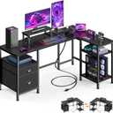 Furologee L Shaped Computer Desk with Power Outlet, Reversible Home Office Desk for Work Study, 50 Inch Corner Gaming Table with File Drawer, Monitor Stand, Storage Shelves, Black