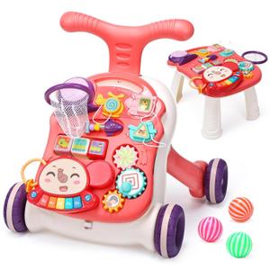 CUTE STONE Baby Walker for Boys Girls, 2 in 1 Sit-to-Stand Learning Walker and Activity Center, Baby Walking Toy, Early Learning Push Toy Gift for Infant (Coral-red)