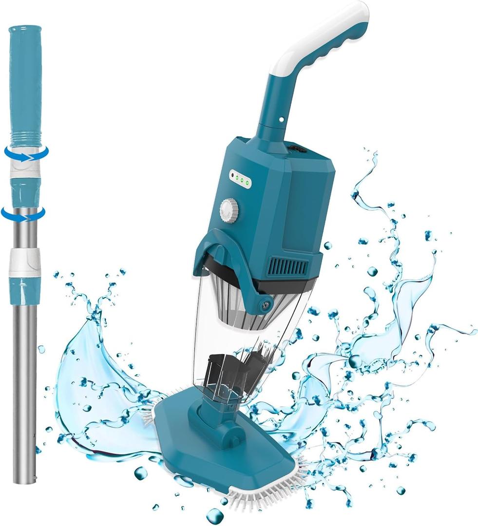 2024New Handheld Pool Vacuum, Cordless Rechargeable Pool Cleaner for Above Ground & In-Ground Pools, Spas and Hot Tub for Sand and Debris, 90 Mins Running Time, 1.5 Liter Filter, Blue
