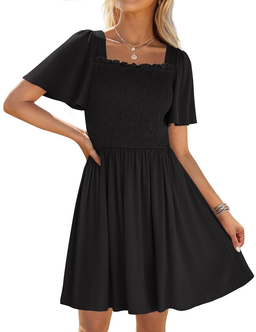 ZESICA Women's 2026 Summer Casual Mini Dress Flutter Short Sleeve Square Neck Smocked Tiered Ruffle Flowy Dresses Size S