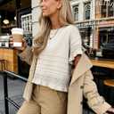 Yeokou Womens Short Sleeve Sweater Round Neck Ruffled Hem Knit Crochet Pullover Summer Fall Casual Top Blouse (Beige, XL)