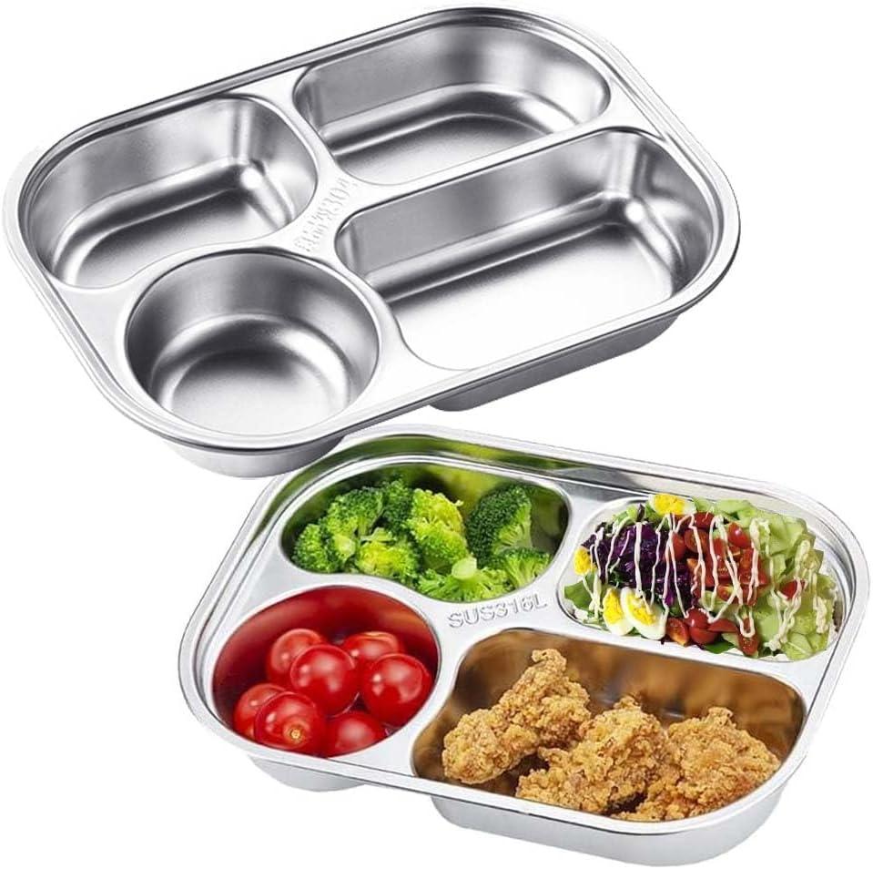 2 Pack Stainless Steel Rectangular Divided Plates Tray,4 Sections Serving Dinner Plates for Adults,Picky Eaters,Campers,Diet Food Portion Control Lunch Tray