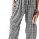 TARSE Womens Linen Wide Leg Striped Pants Casual Barrel Palazzo Harem Pants | Gingham Pants, Loose Fit Drawstring Baggy Pants, Side Pockets, Lounge Pants, Beach Travel Vacation Trousers L