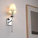 PERMO Set of 2 Classic Rustic Industrial Wall Sconce Lighting Fixture with Flared White Textile Lamp Shade and Chrome Tapered Column Stand, Hardwired, E26 Base