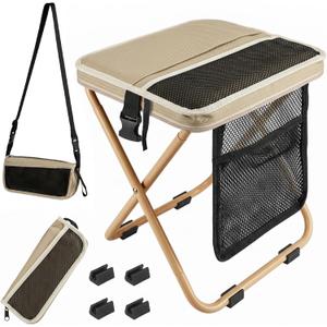 16" Extra Tall Portable Collapsible Stool, Sturdy and Durable Folding Backpack Stool with 3 Side Pockets, Ideal for Camping, Hiking, Outdoor Activities Portable Chair (Khaki)