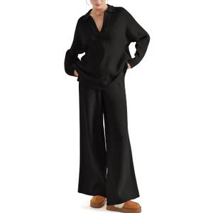 SUUKSESS Women 2 piece Fall outfits Matching Lounge Set Waffle Knit Sweater sets (Medium, Black)