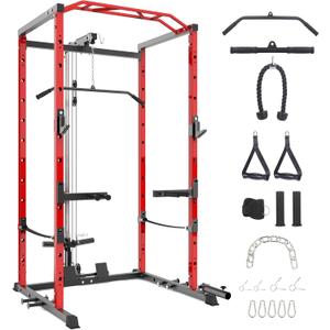 GarveeLife Power Cage, Multi-Function Squat Rack with LAT Pulldown, 1600 LBS Weight Capacity Fitness Power Rack with Cable Pulley System and j-Hooks, Dip Bars and Landmine Attachment for Home Gym