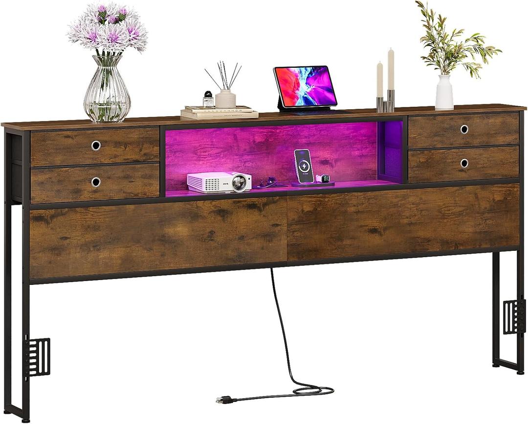 GiftGo King Size Headboard with 4 Fabric Storage Drawers Charging Station LED Light Adjustable Height Storage Rack Sturdy and Stable Metal Frame & Wood Shelf (Rustic Brown, King (U.S. Standard))