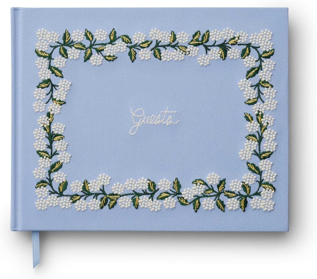 RIFLE PAPER CO. Hydrangea Embroidered Fabric Guest Book | Hard Cover Wrapped in Book Cloth & Ribbon Bookmark, (144 Ruled Pages Metallic Gold Ink, 10.25" W  8.25" L)