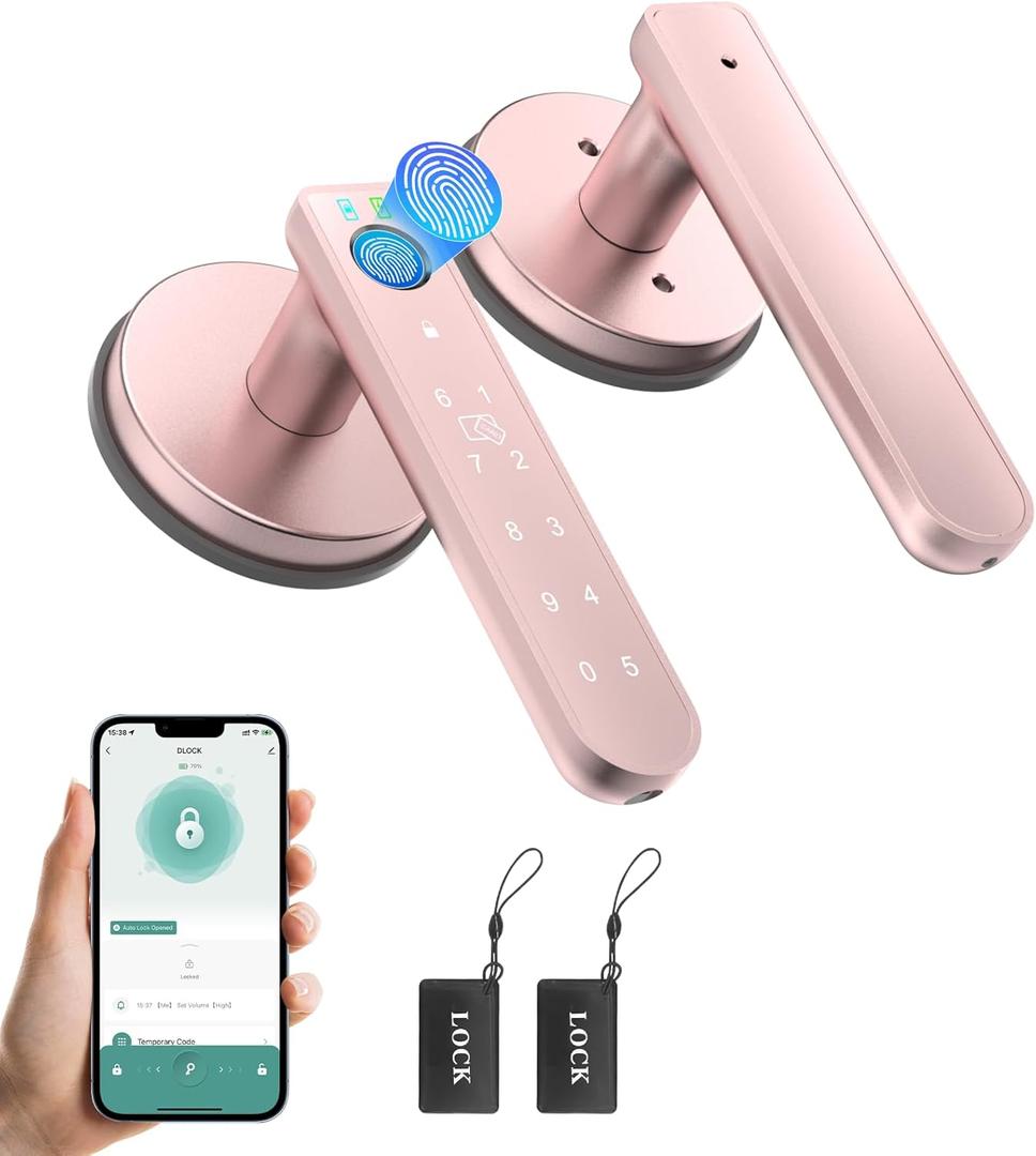 Fingerprint Door Lock, 6-in-1 Smart Door Knob with App Control/Fingerprints/IC Cards/Passwords/2 Keys, Fingerprint Door Knob Biometric Door Lock for Bedroom Apartment-Pink