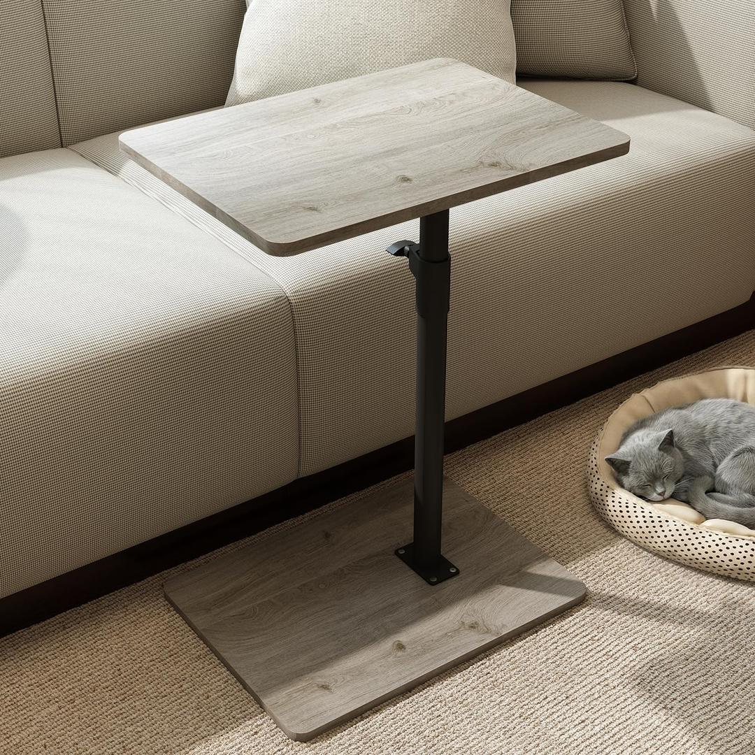 Sofa Armrest Tray Table for Couch - 360 Swivel Height Adjustable C Shaped End Table for Small Spaces, Snack Side Table for Bed or Chair with Phone & Tablet Slot (Gray, Enlarged)