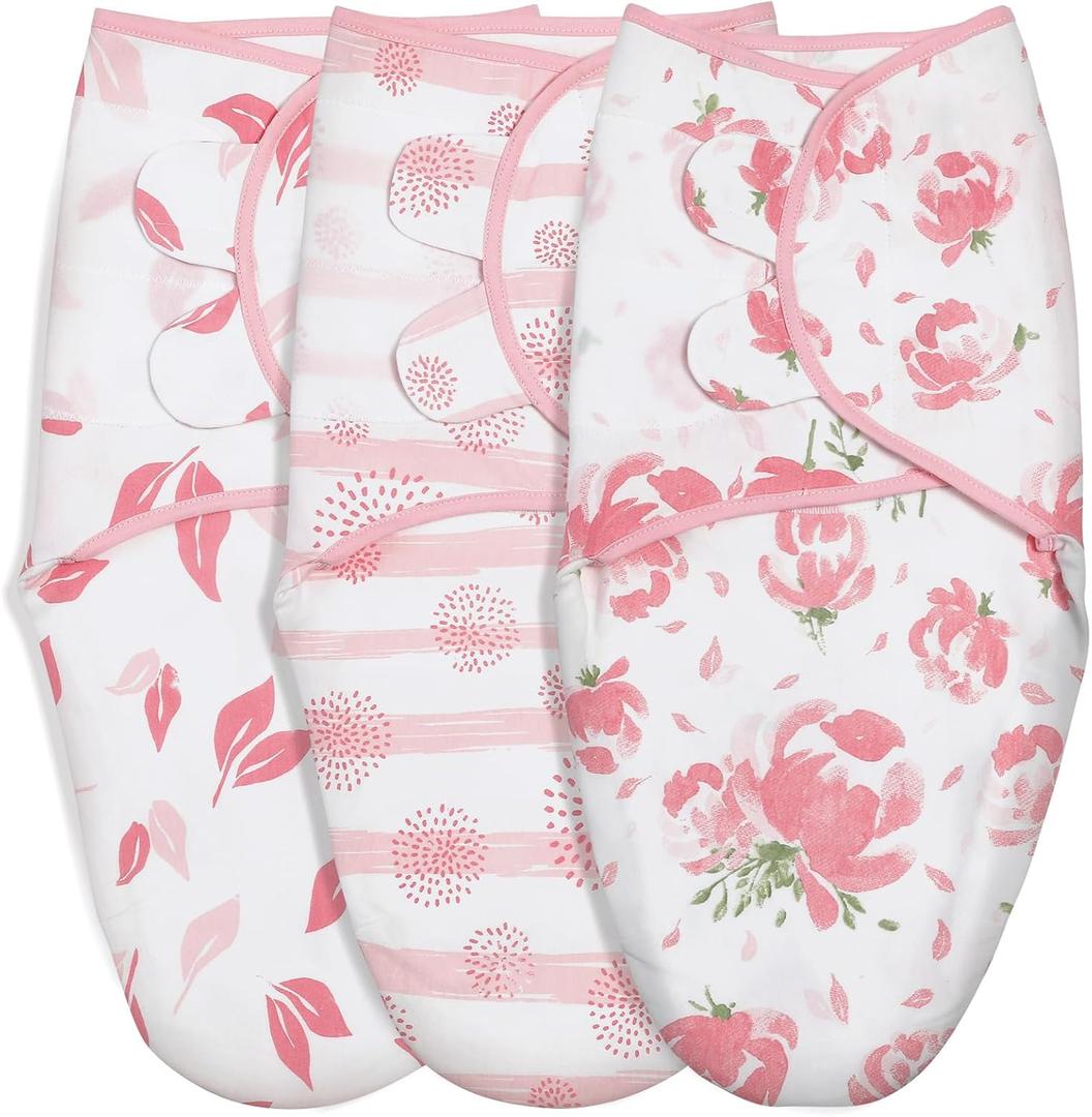 GLLQUEN BABY Girl Swaddles 0-3 Months - 3 Pack Baby Swaddles Sack for Newborn, Infant Sleep Sack, Easy Swaddling Wrap, A Pink Floral, Nursery Swaddle Blankets Essentials