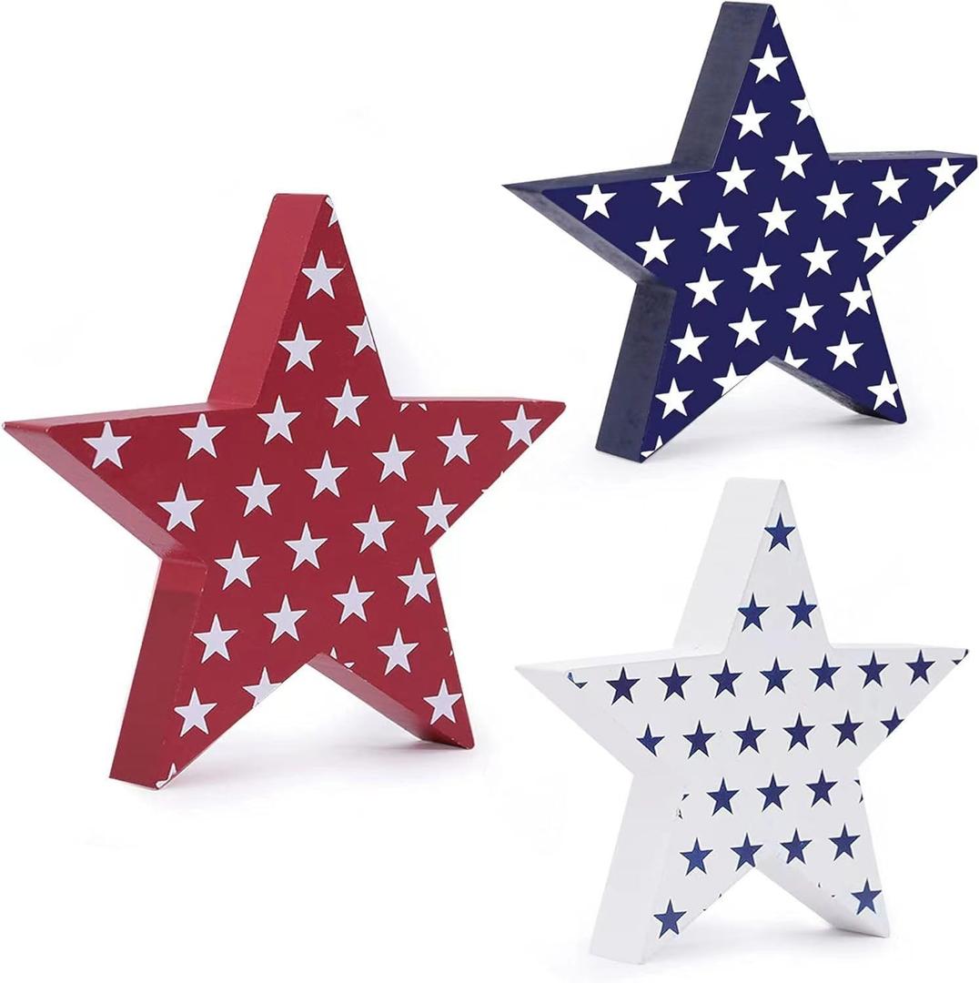 4th of July Wooden Star Signs Decorations, Memorial Day Decorations, Patriotic Decor, Rustic Star Shape Tiered Tray, Red Blue White Wood Star Blocks Retro, Freestanding Table Signs, 3Pcs