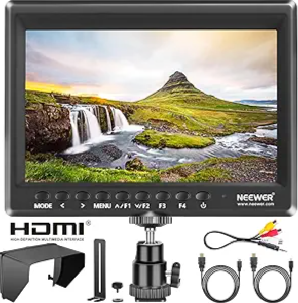 Neewer F100 7inch Camera Field Monitor HD Video Assist IPS 1280x800 HDMI Input 1080p with Sunshade and Ball Head for DSLR Cameras, Handheld Stabilizer, Film Video Making Rig (Battery Not Included)