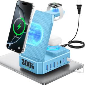 300W Charging Station for Multiple Devices Apple, Zutspzss 10 in 1 Wireless Charger for iPhone 16, GaN III USB C 65W PD Fast Charging Stand Dock for Apple Watch&Airpods,Blue