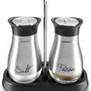 Juvale Stainless Steel Salt and Pepper Shakers Set with Holder, Refillable, Clear Glass Bottoms, Screw-Off Perforated "S" and "P" Caps for Kitchen Table Decor (4oz) (Silver)