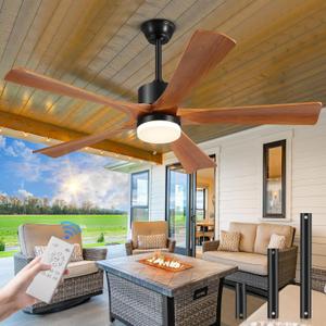 54 Inch Ceiling Fans with Lights, Modern Ceiling Fan with Remote for Outdoor, USA Original Patent, 3 Color Light, 5 Wood Blades, Timer, 6 Speeds Noiseless DC Motor for Patios Indoor, Walnut