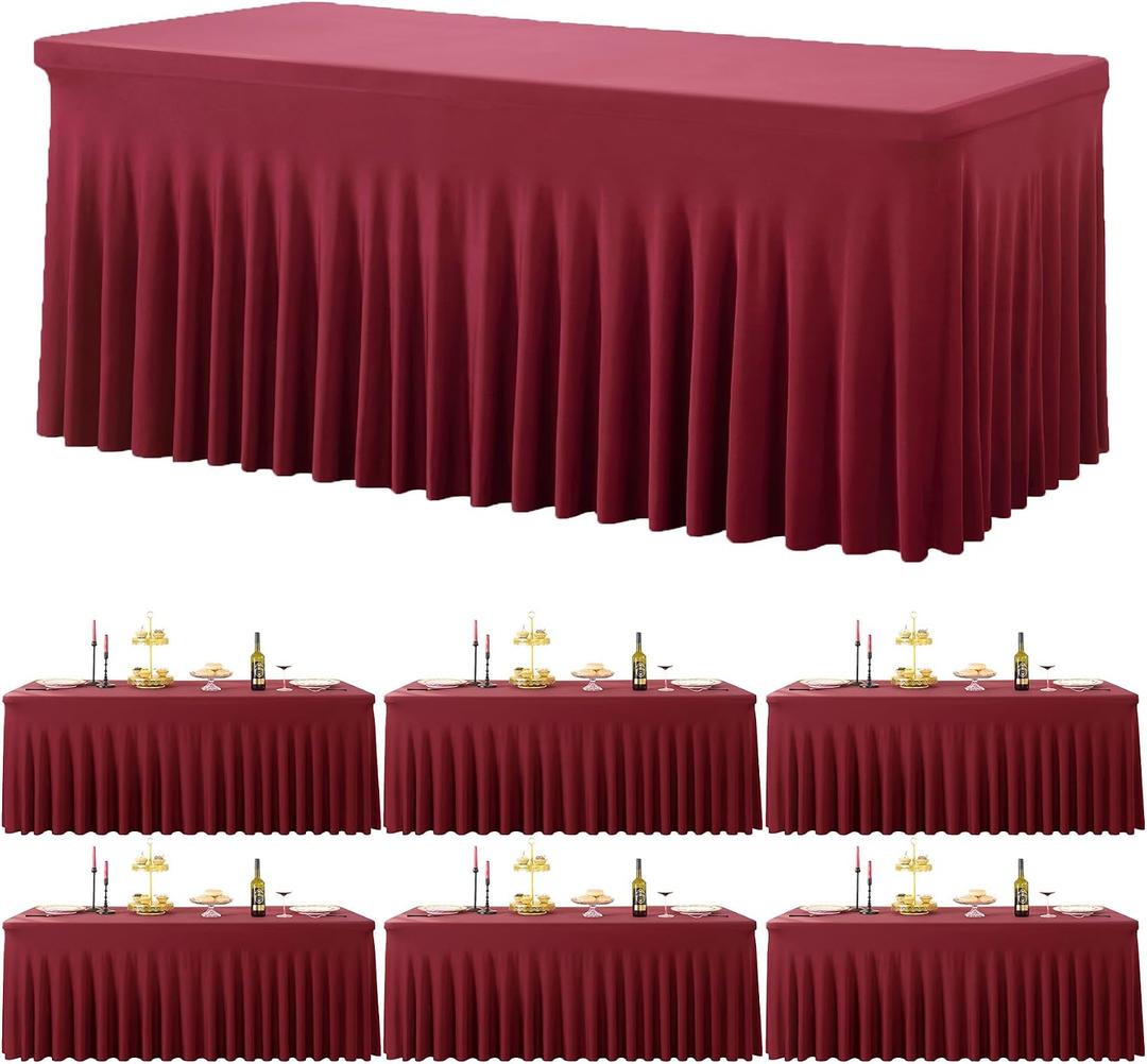 6 Pack Burgundy Spandex Tablecloth for 6 Foot Rectangle Tables, Wrinkle Free Fitted Table Cloth Cover 6ft Maroon Stretchy Tablecloths with Skirt for Parties Weddings Birthday Banquet Baby Shower