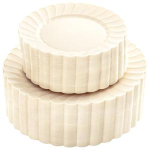 YOUBET 100PCS Ivory Scalloped Plastic Plates - Heavy Duty Disposable Fancy Hard Plates Include 50 Dinner Plate, 50 Dessert Plate, for Wedding & Party