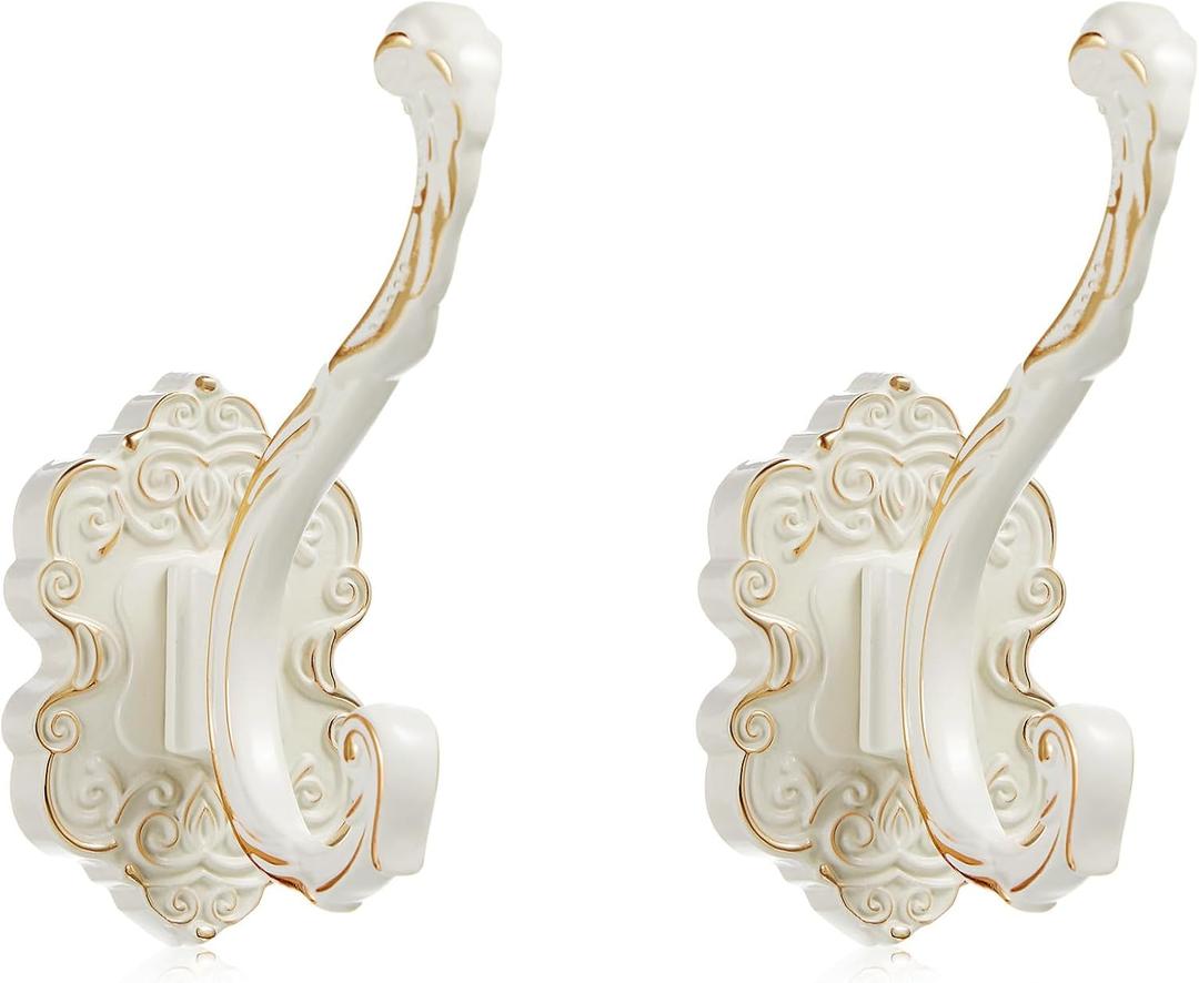 Zonon 2 Pcs White Wall Hooks Set Vintage Coat & Towel Hooks for Entryway, Bathroom, Bedroom Decorative Heavy Duty Wall Mounted Unique French Country Curtain Holder for Keys, Hats Bags, Clothes