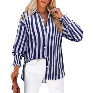 Gleeivy Womens Smocked Cuffed Striped Boyfriend Shirt Casual Collar Long Sleeve Oversized Button Down Blouse Tops (XL)