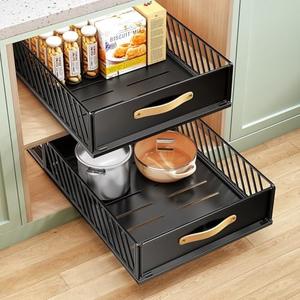 Pull out Cabinet Organizer Fixed with Adhesive Nano Film, Heavy Duty Slide out Pantry Shelves Drawer Storage, Sliding Mesh Cabinet Basket with Handle for Kitchen, Bathroom, Home, 15.8"W X 21"D X6.2"H