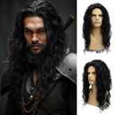 Sallcks Mens Long Curly Black Wig Middle Part Synthetic Cosplay Costume Halloween Wig for Male Guys, Black