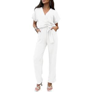 PRETTYGARDEN Women's One Piece Jumpsuits Dressy Casual Summer Short Sleeve Wrap V Neck Wide Leg Pants Romper Spring Clothes (White, M)