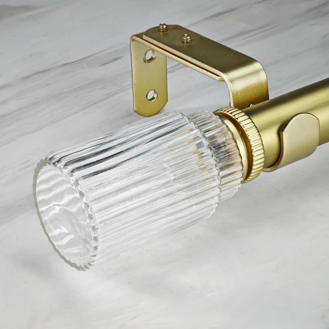 1-1/8 Inch Diameter Gold Curtain Rods with Ribbed Glass Finial, 72-144 inch Telescoping Single Curtain Rods for window width 68-140 inch, 1 pack
