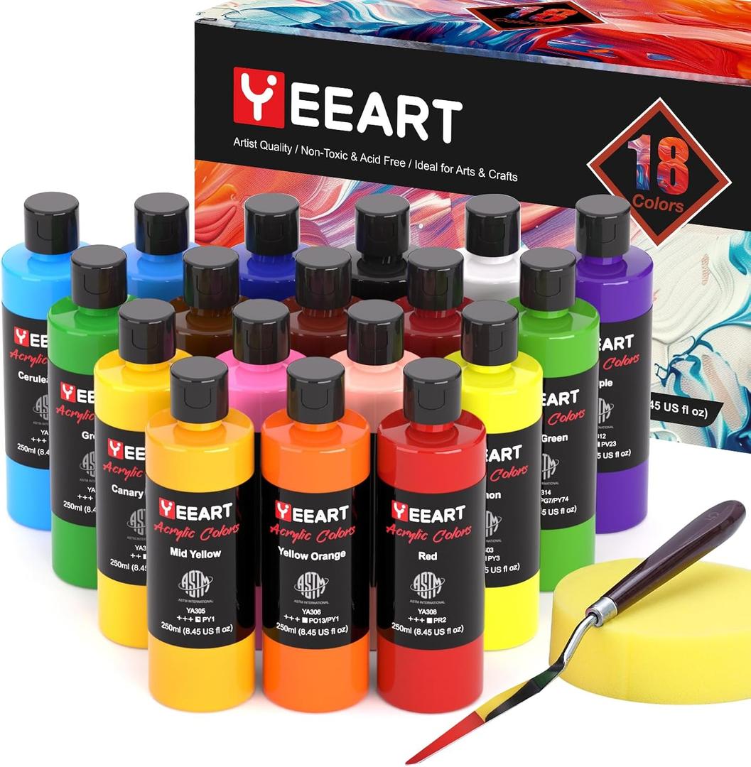 Acrylic Paint Set, 8.45oz 18 Colors Acrylic Paint Large Bottle Set, Rich Pigmented Canvas Paint, Premium Non-toxic Paints for Artists, Paint Set for Kids & Adults, Art Supplies for Canvas