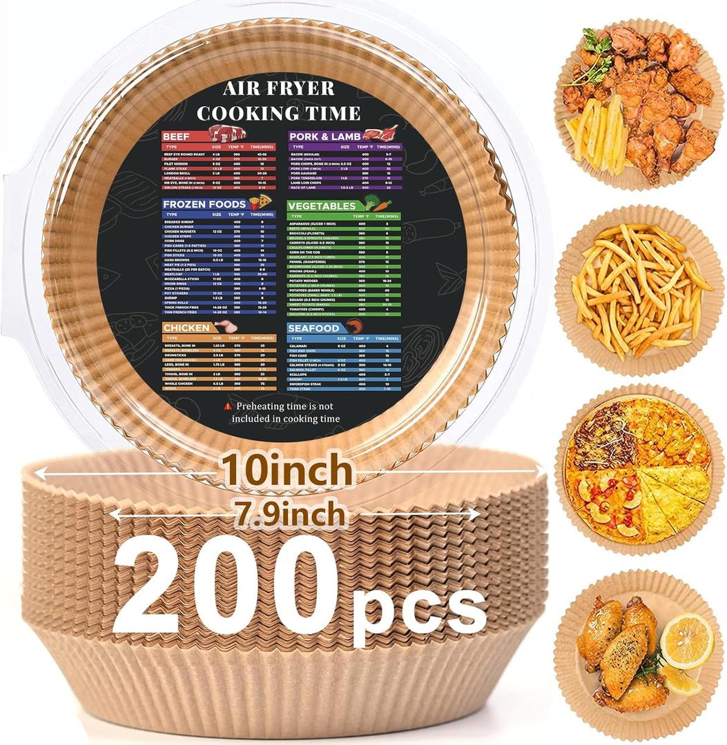 200PCS Air Fryer Liners Disposable: Round 8 Inch Non-Stick Airfryer Paper Liners - Food Grade Parchment Paper for 5 6 7 8 QT Air Fryer Baking and Roasting - Waterproof and OilProof (10 Inch on Top)