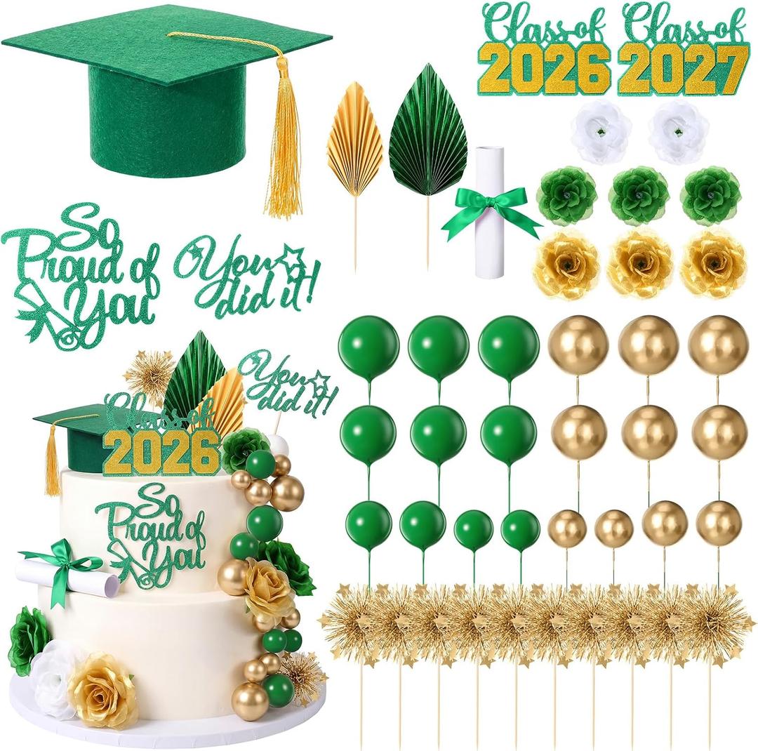 Sureio 48 Pcs Graduation Cake Toppers Class of 2026 Congrats Grad Cake Decor Graduation Cap Diploma Artificial Flower Card Ball Palm Leaves Firework Stick Kit for Theme Party Supplies (Green, Gold)
