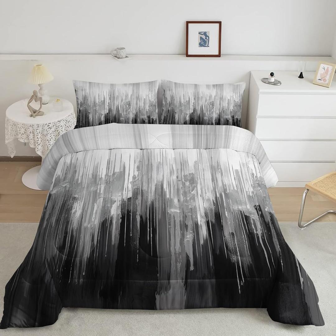 Nttopship Grey Black White Gradient Print Comforter Set King Size, Abstract Art Bedding Set, Patchwork Printed Quilted Set for Teens Adult, with 1 Comforter and 2 Pillow Case