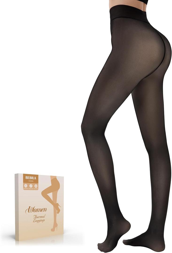 Bebila Fleece Lined Tights Women, Fake Translucent Warm Tights for Winter Sheer Pantyhose Thermal Leggings (Black, S)