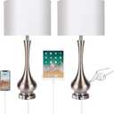 30" Large Modern Table Lamps Set of 2 for Living Room Bedroom with USB Charging Port, 3-Way Dimmable Brushed Steel Nightstand Lamp Sets Bedside Touch Desk Lamp with White Fabric Shade (Bulb Included)