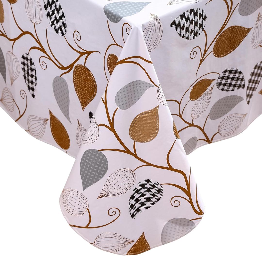 Heavy Duty Vinyl Tablecloth with Flannel Backing Waterproof Oil-Proof Plastic Table Cloth Stain-Resistant Wipeable Rectangle or Square Table Cover for Dining, Camping (Leaves, 60X84 Inch)