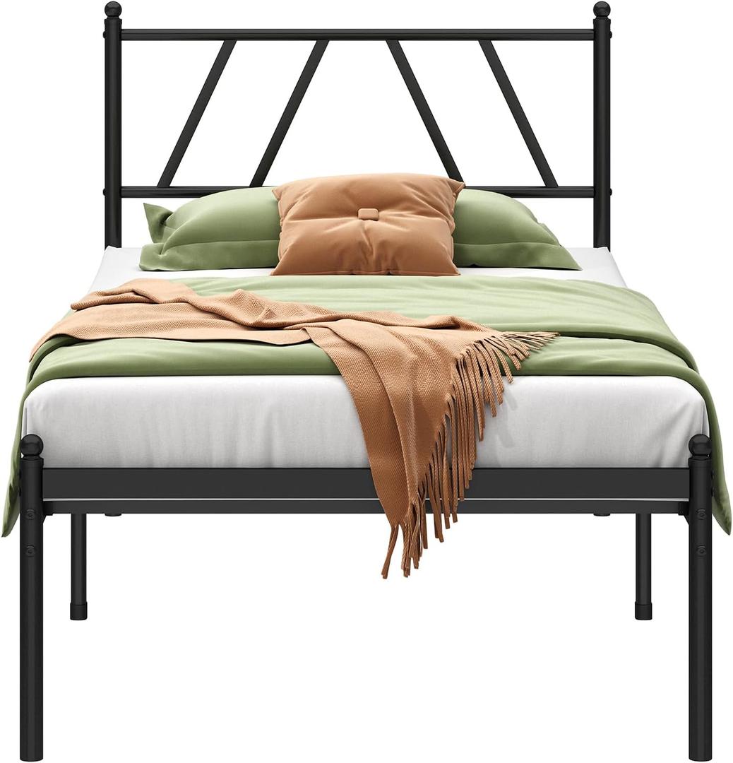 Kujielan Metal Platform Bed Frame with Headboard, 14 Inches Twin Bed, No Box Spring Needed, Steel Slat Support, Black, Easy Assembly