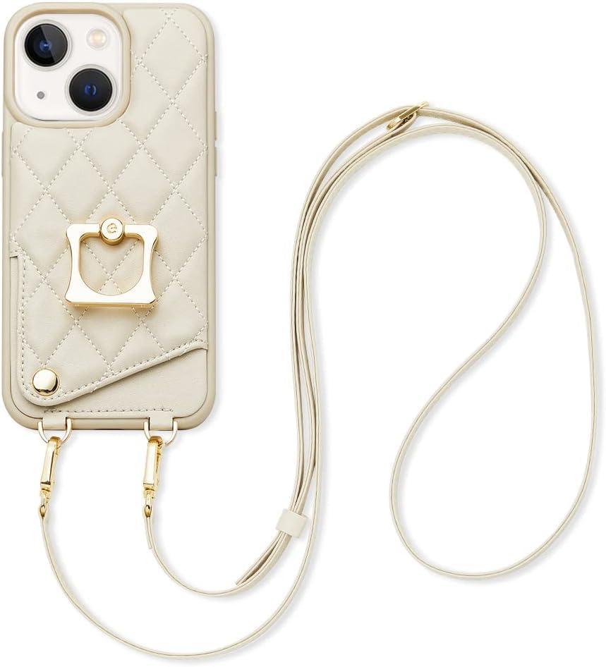 JLFCH ROMIELA Crossbody case for iPhone 15 with Stand Card Holder Strap Lanyard 360°Rotation Finger Ring Kickstand for Apple iPhone 15, 6.1 inch - Beige