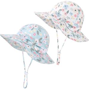 Baby Girl Sun Hat 2Pack Infant Toddler Swim Wide Brim Strap Bucket Hat with UPF 50+ Adjustable