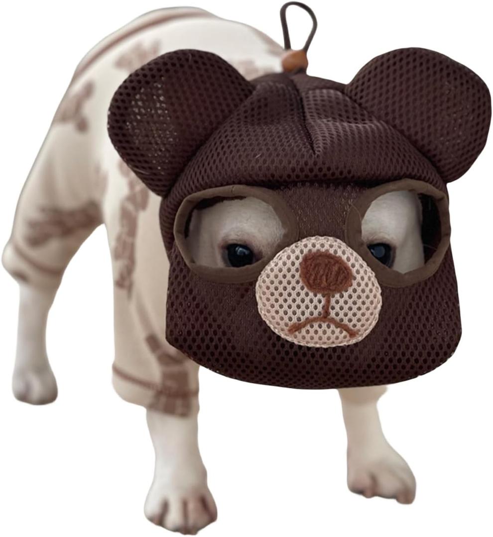 MANON ROSA Bulldog Muzzle: Adjustable Breathable Mesh Anti-Biting Anti-Eating Mask for Biting Licking Chewing Grooming - Cute Fun Dog Cosplay Hat (Medium,Bear)