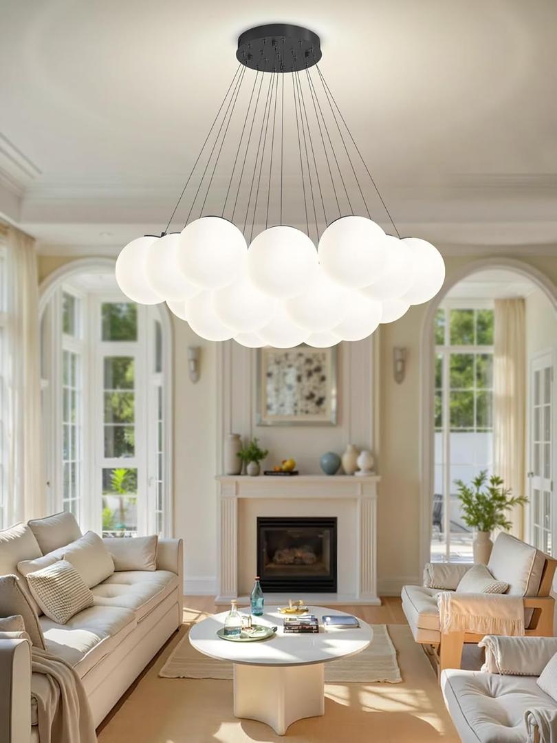 Black Modern Bubble Chandelier Lighting 19-Light White Glass Globe Chandeliers Glass Globe Pendant Light for Dining Room Foyer Bedroom Entryway