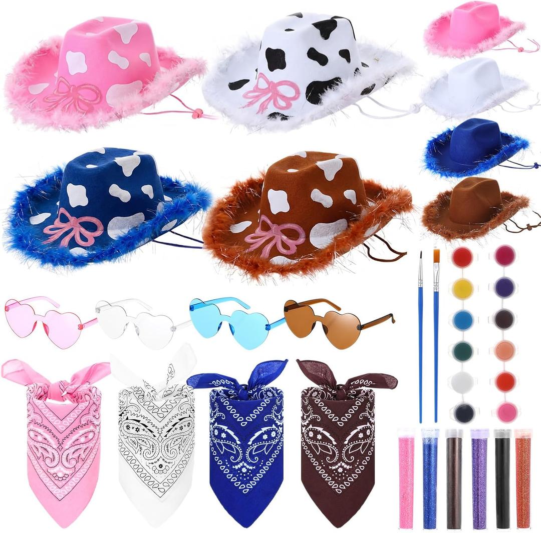 Suncalla 4 Sets DIY Easter Cowboy Hats Western Rodeo Hats with Feathers, Bandana, Heart Sunglasses Paint Glitter for Adult