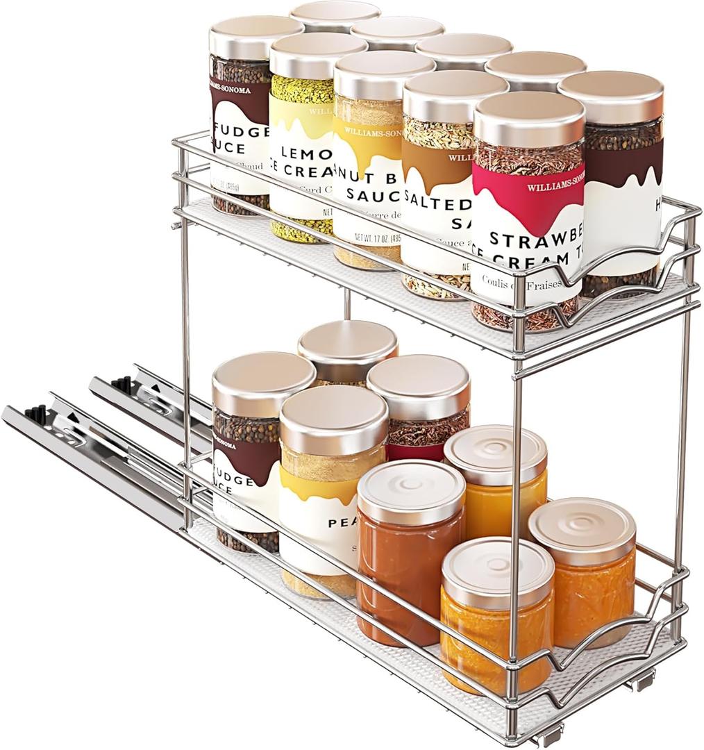 BBV Spice Rack Organizer, Double layer Seasoning Organizer for Cabinet Countertop, Kitchen, Pantry, Sliding Metal Chrome Spice Organization (5 inch), Silver