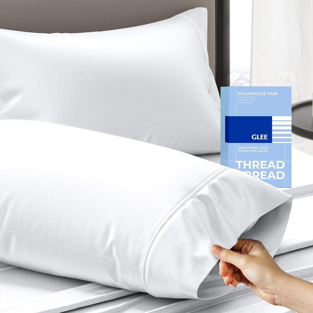 Thread Spread 100% Cotton King Size Pillow Cases Set of 2 - Luxury 400 Series Glee Collection Pillow Cases King Size (White), Soft Cooling Breathable & Durable Sateen Hotel Cotton Pillowcases