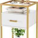 Senfot White and Gold Nightstand, End Table with Storage Drawer and 3-Tier Storage & Tempered Glass Top, Bedside Furniture with Steel Frame, Side Table for Bedroom, Dorm, Easy Assembly